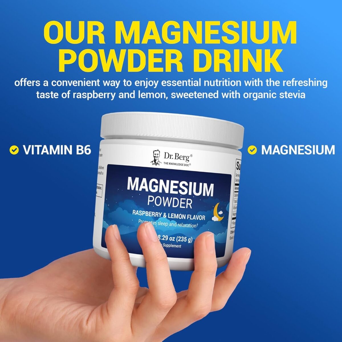 Dr. Berg Magnesium Glycinate Powder for Sleep, Relaxation, & Stress Relief - Raspberry & Lemon Flavor (50 Servings) Magnesium Powder - Magnesium Drink Powder, Ideal for Bedtime Support & Calming