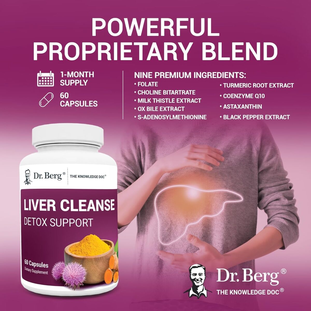 Dr. Berg Liver Cleanse Detox Capsules W/Unique Blend of Milk Thistle, Ox Bile & Folate - Liver Supplement Includes Turmeric, Black Pepper & Choline - 60 Capsules