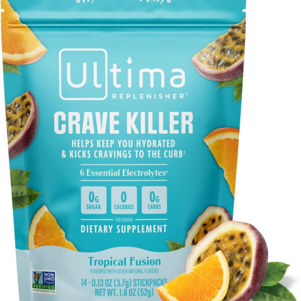 Ultima Replenisher Crave Killer Supplement & Electrolytes Powder – Tropical Fusion, 14 Stickpacks – Hydration Packets That Kick Cravings to the Curb