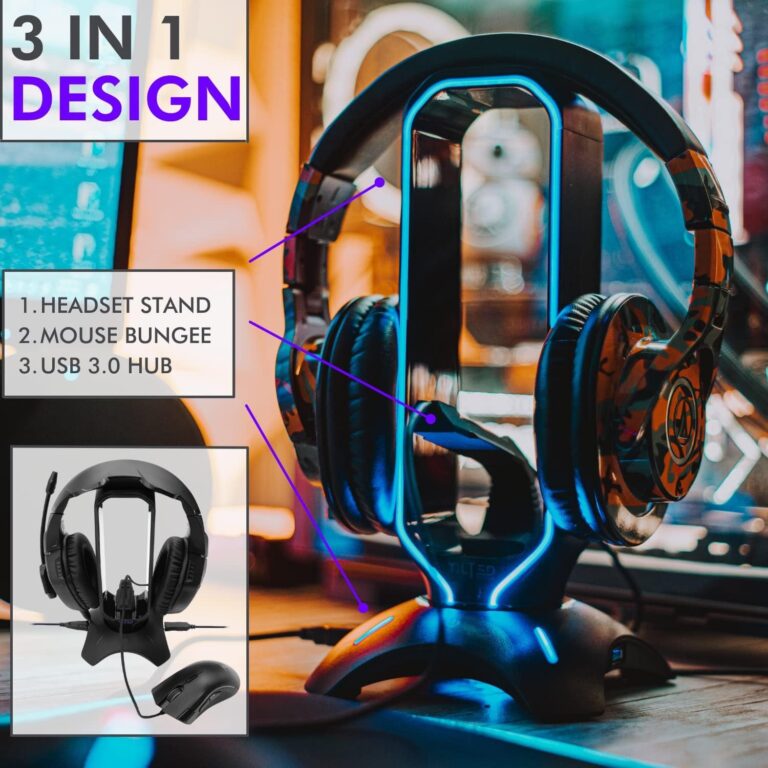 Tilted Nation RGB Headset Stand and Gaming Headphone Stand for Desk Display with Mouse Bungee Cord Holder with USB 3.0 Hub for Xbox, PS5, PC - Perfect Gaming Accessories Gift