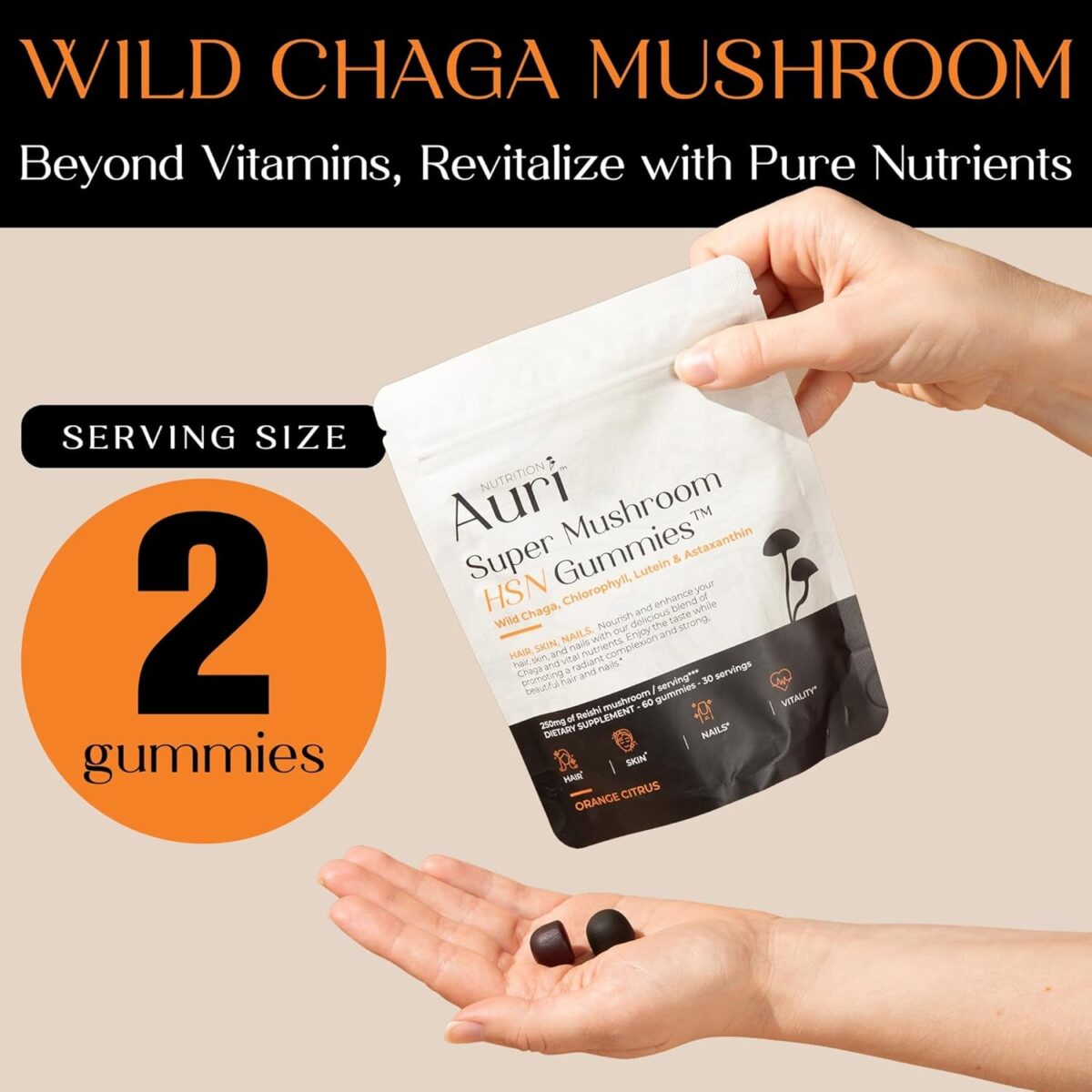 Auri Super Mushroom HSN Gummies - Hair Skin and Nails Gummies Functional Mushrooms Supplement - with Wild Chaga, Chlorophyll, Lutein and Astaxanthin - 60 Orange Citrus Gummies