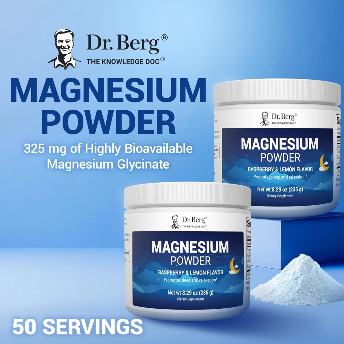 Dr. Berg Magnesium Glycinate Powder for Sleep, Relaxation, & Stress Relief - Raspberry & Lemon Flavor (50 Servings) Magnesium Powder - Magnesium Drink Powder, Ideal for Bedtime Support & Calming