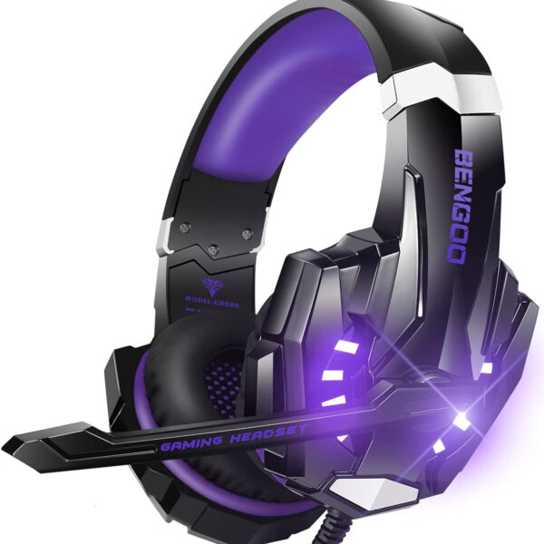 BENGOO G9000 Stereo Gaming Headset for PS5, PS4, PC, Xbox One Controller, Noise Cancelling over Ear Headphones with Mic, LED Light, Bass Surround, Soft Memory Earmuffs - Purple