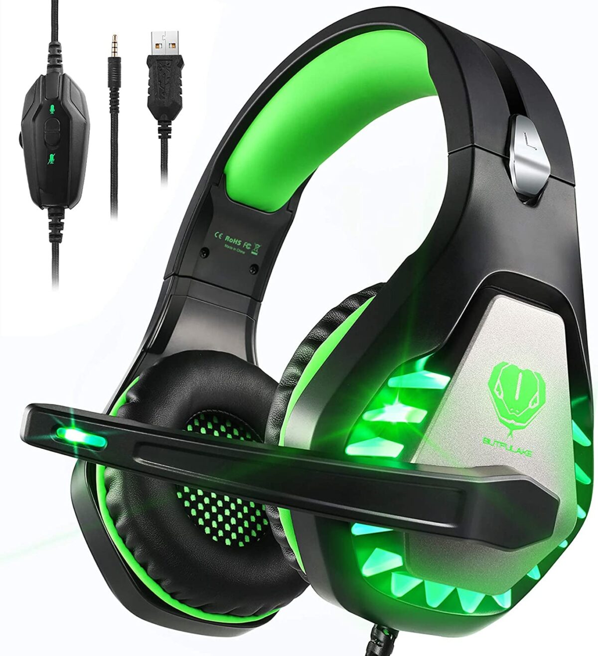 Gaming Headset with Microphone for PC PS4 PS5 Headset Noise Cancelling Gaming Headphones for Laptop Mac Switch Xbox One Headset with LED Lights Deep Bass for Kids Adults Deep Black