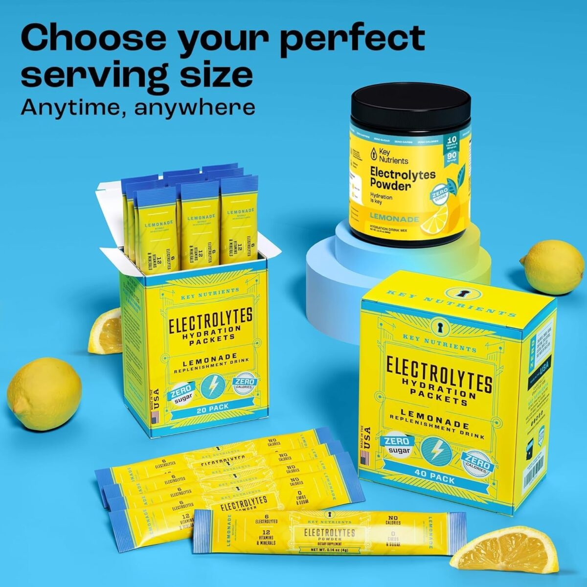 KEY NUTRIENTS Multivitamin Electrolytes Powder No Sugar - Refreshing Lemonade Electrolyte Powder - Sodium & Energy Supplement - Hydration Powder - No Calories - 90 Servings - Made in USA