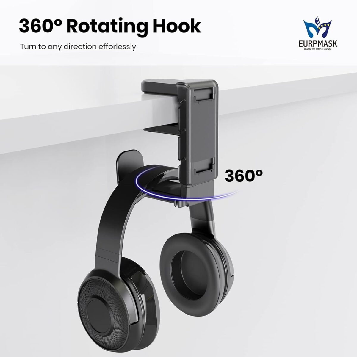 3-In-1 PC Gaming Headset&Controller Holder - EURPMASK Headphone Stand W/Adjustable Clamp&2 Controller Holder&Rotating Arm&Cable Organizer, Universal PC Gaming Accessory Controller Headset Stand-Black