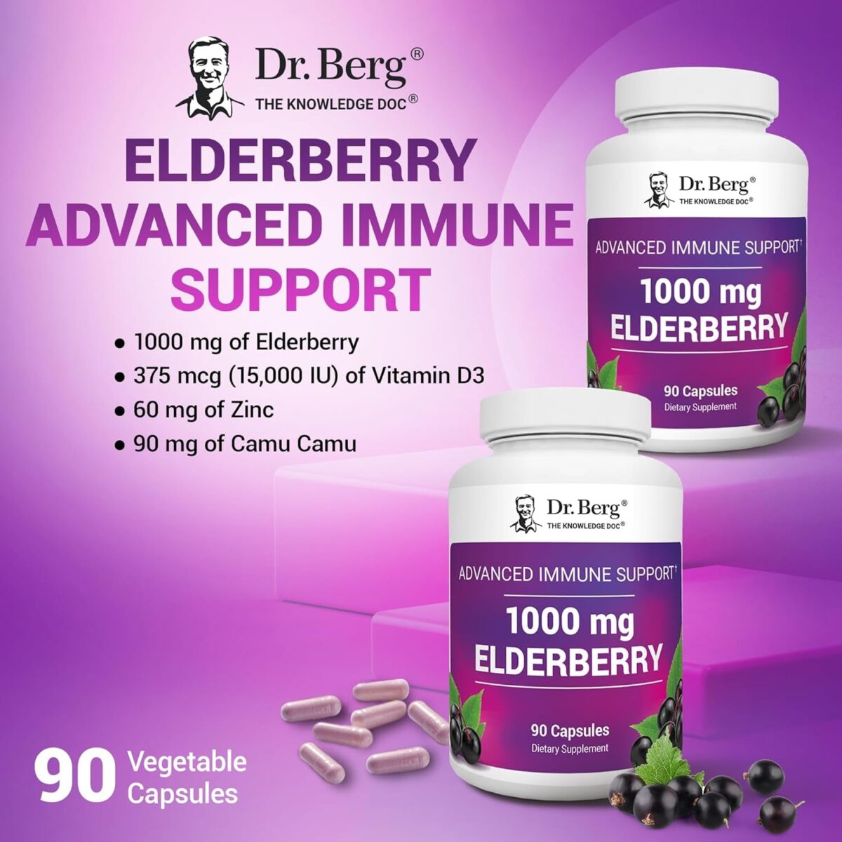 Dr. Berg Black Elderberry Capsules (Advanced Immune Support*) with 15,000 IU Vitamin D, 60 Mg of Zinc, & 90 Mg of Camu Camu - (4-In-1) Sambucus Elderberry Immune Support Supplement - 90 Capsules