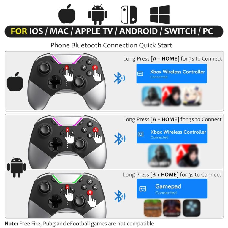 Bluetooth Controller for Switch/Pc/Iphone/Android/Apple Arcade Mfi Games/Tv/Steam, Pro Wireless Game Controller with Phone Clip with Newly Launched Lock Joystick Speed Function/6-Axis Gyro/Dual Motor