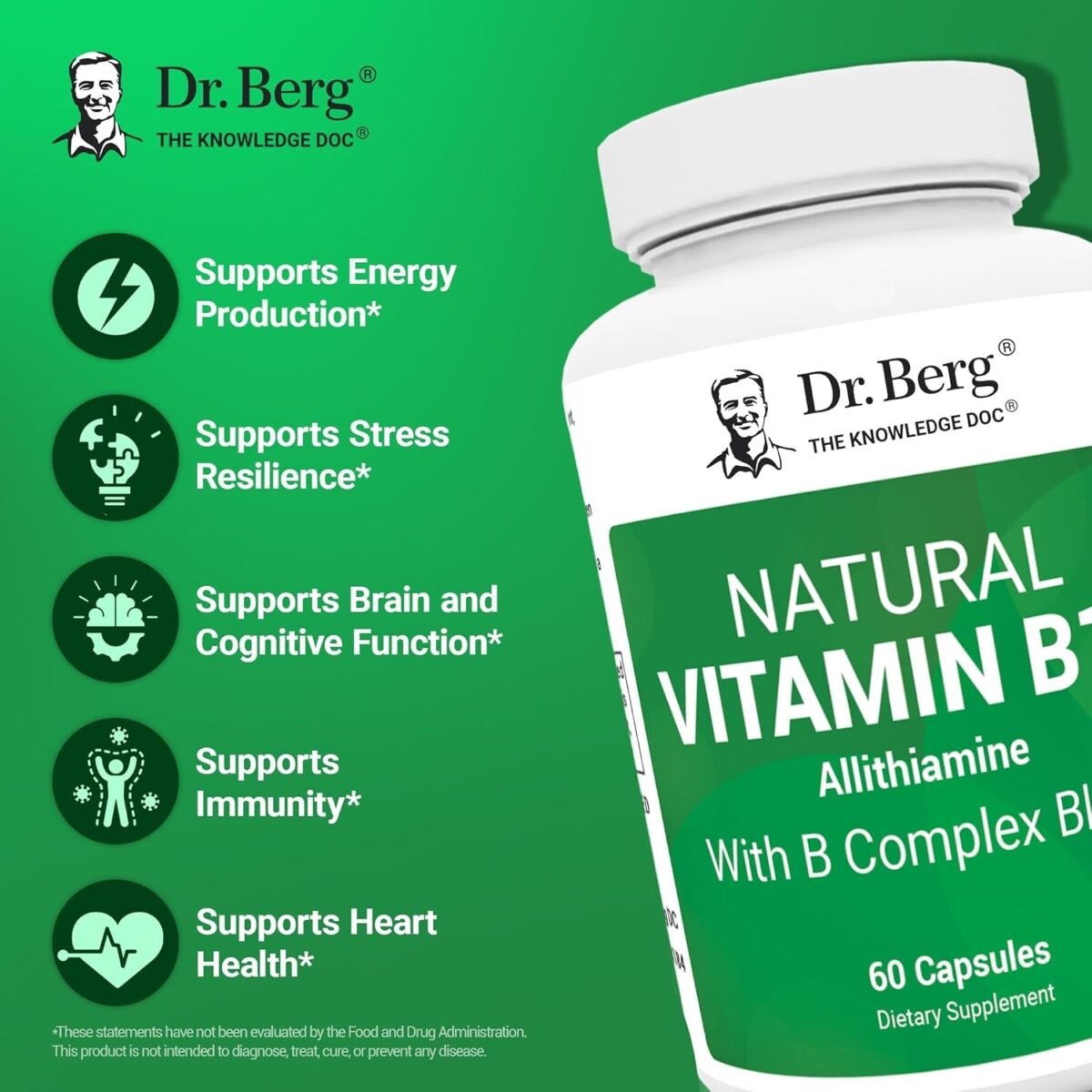 Dr. Berg Natural Vitamin B1 B6 B12 Complex - Allithiamine Vitamin B1 Supplement with 8 Essential Vitamin B Complex for Men & Women Including Thiamin, Niacin, Folate, Magnesium & More - 60 Capsules