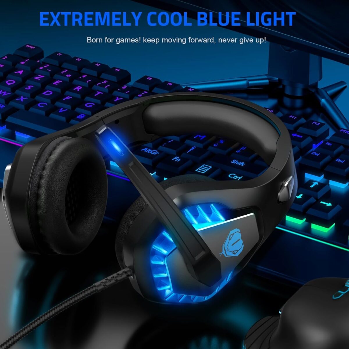 Gaming Headset with Microphone for PC PS4 PS5 Headset Noise Cancelling Gaming Headphones for Laptop Mac Switch Xbox One Headset with LED Lights Deep Bass for Kids Adults Deep Black