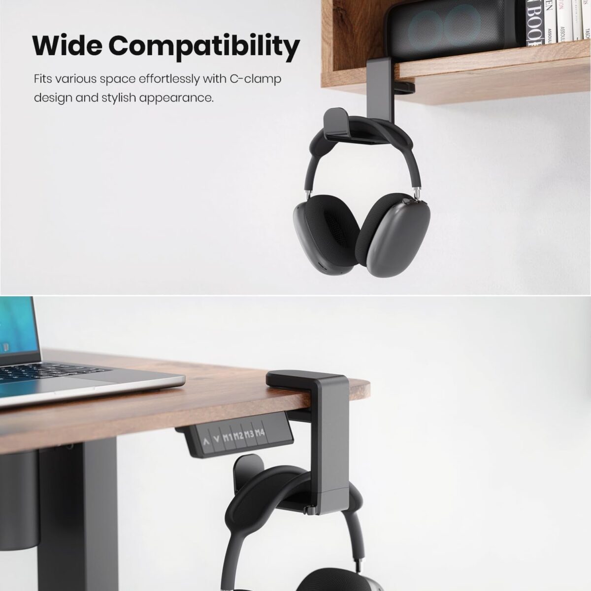 Rotating Headphone Stand - EURPMASK PC Gaming Headset Stand, Adjustable Clamp-On Headphone Holder, Headphone Hanger Hook under Desk with 360 Degree Swivel&Cable Clip Organizer - Black