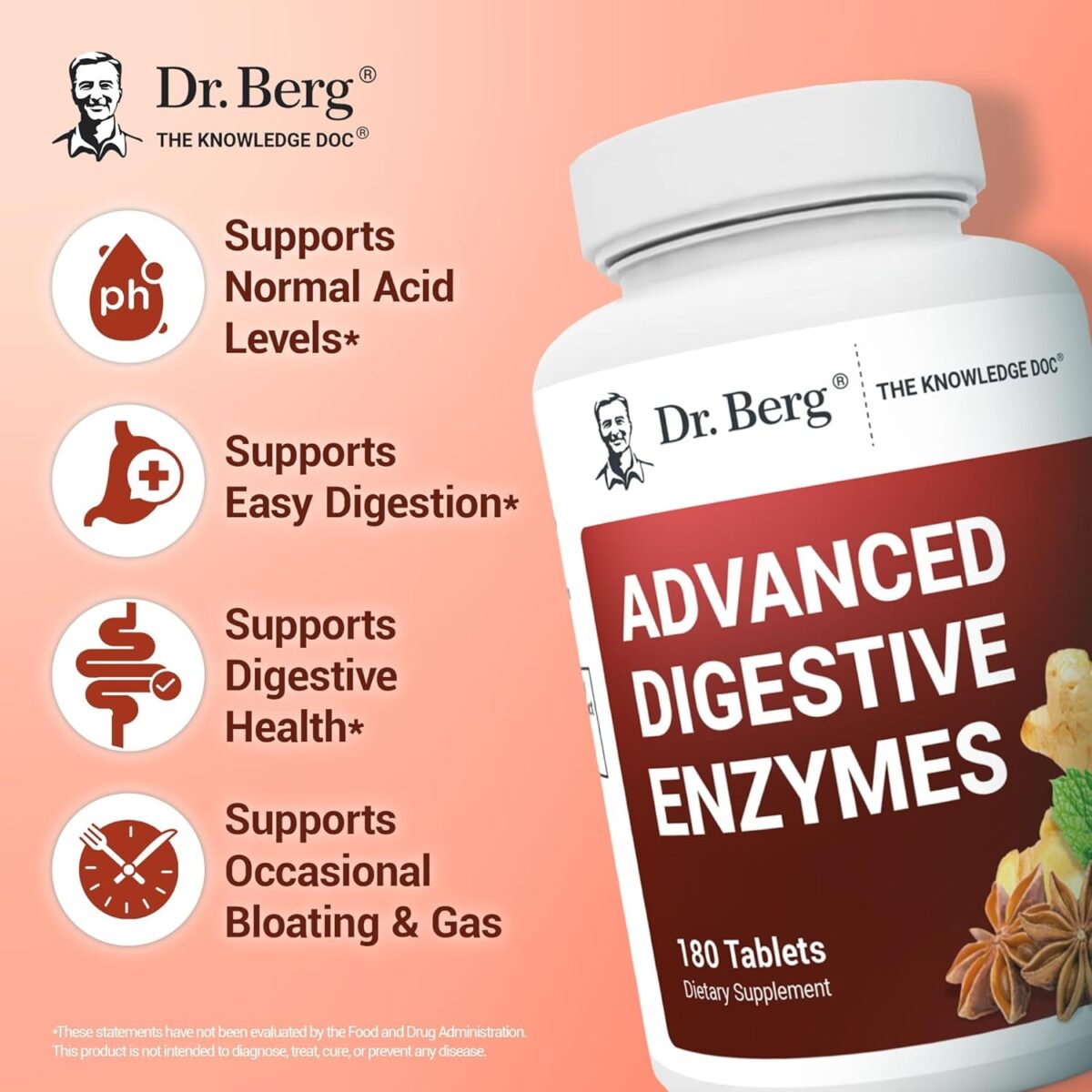 Dr. Berg Advanced Digestive Enzymes with Apple Cider Vinegar - Includes Digestive Health Ingredients like Betaine Hydrochloride (HCI), Ginger Root & Peppermint Leaf - 180 Tablets