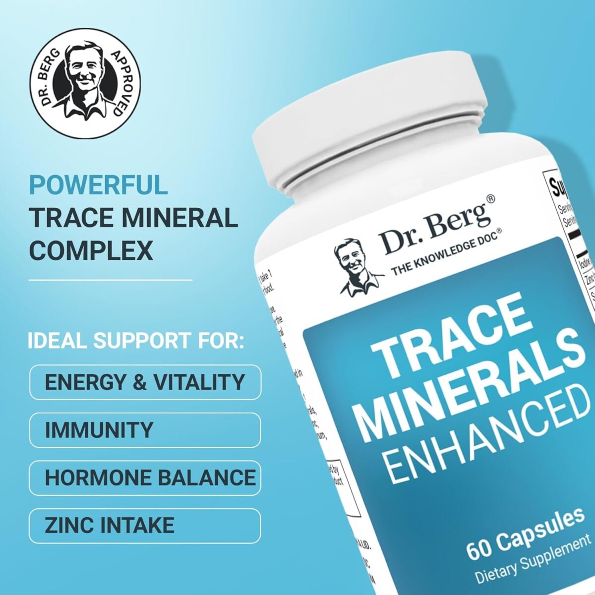 Dr. Berg Trace Minerals Enhanced Complex - Complete with 70+ Minerals Including 10 Mg of Zinc - Dietary Supplement - 60 Capsules