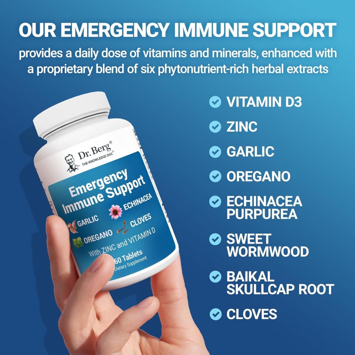 Dr. Berg Emergency Immune Support W/Echinacea - Potent Blend of Herbal Extracts (Warning: Strong Herbal Smells) - Immune Support Supplement Includes 2,000 Ius of Vitamin D & 10Mg of Zinc - 60 Tablets